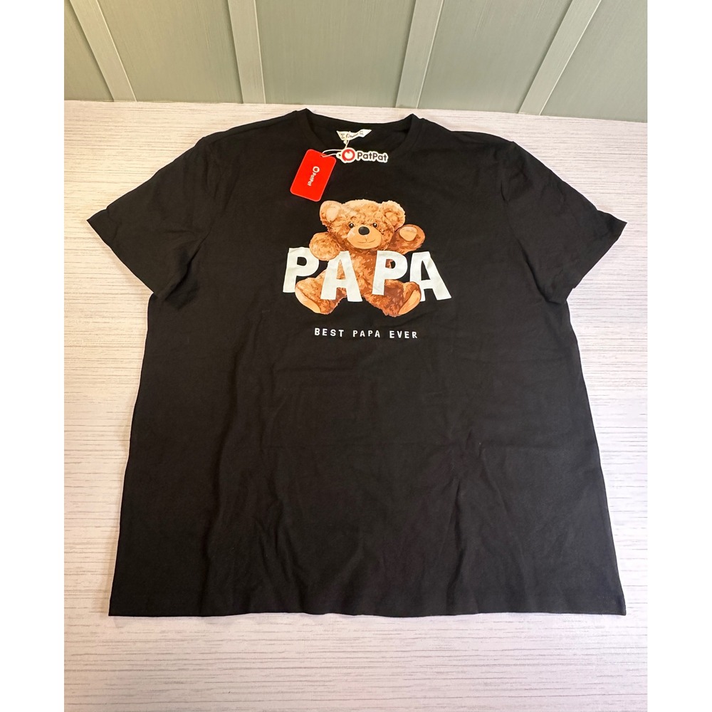 PatPat Mens Best Papa Ever Teddy Bear Graphic T-Shirt Black 2XL New With Tags